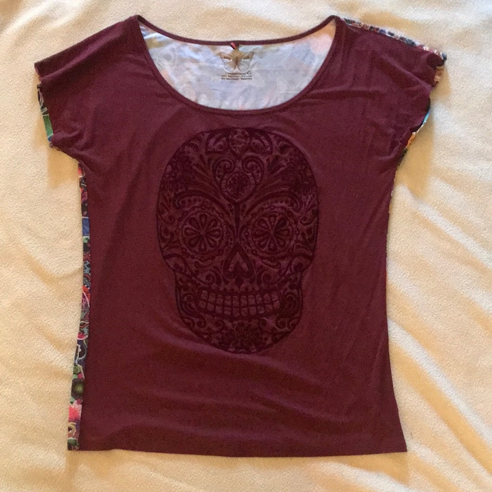 Ay Guey Maroon Velvet Skull Top